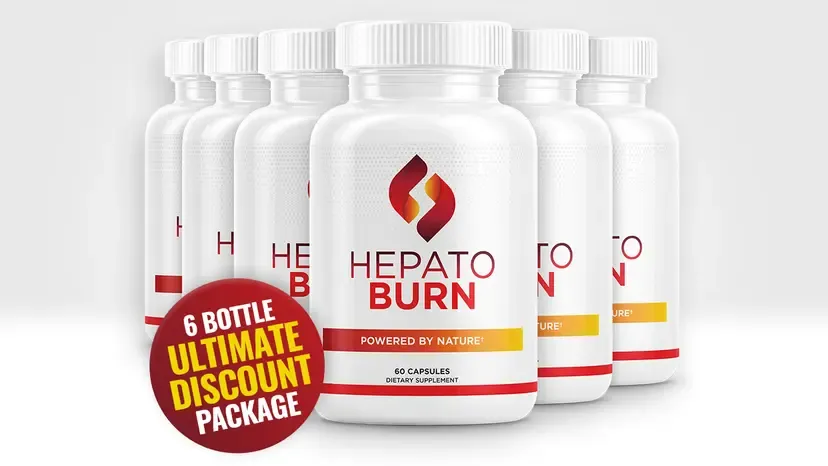 Six-bottle HepatoBurn package promotional image