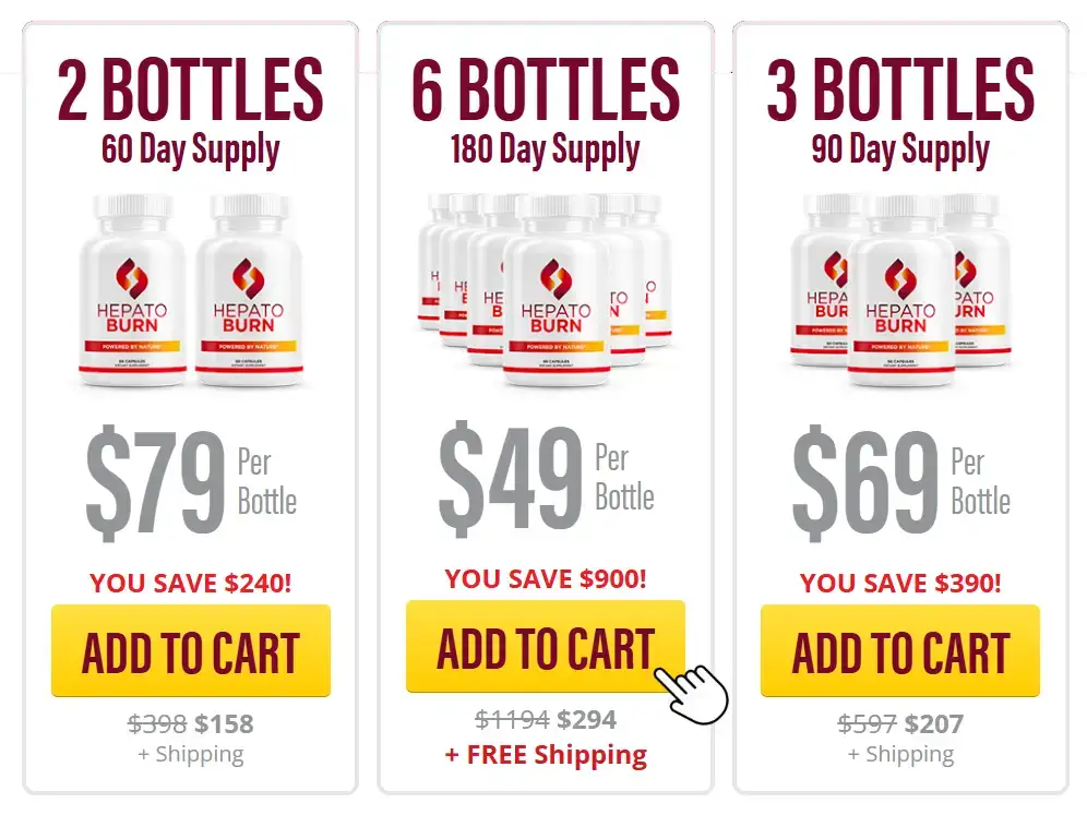 HepatoBurn pricing options showing 2 bottle 3 bottle and 6 bottle packages with discounts and free shipping offer